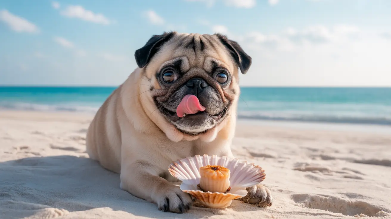 Playful pug with tongue out sitting on a sandy beach beside a seashell and cupcake