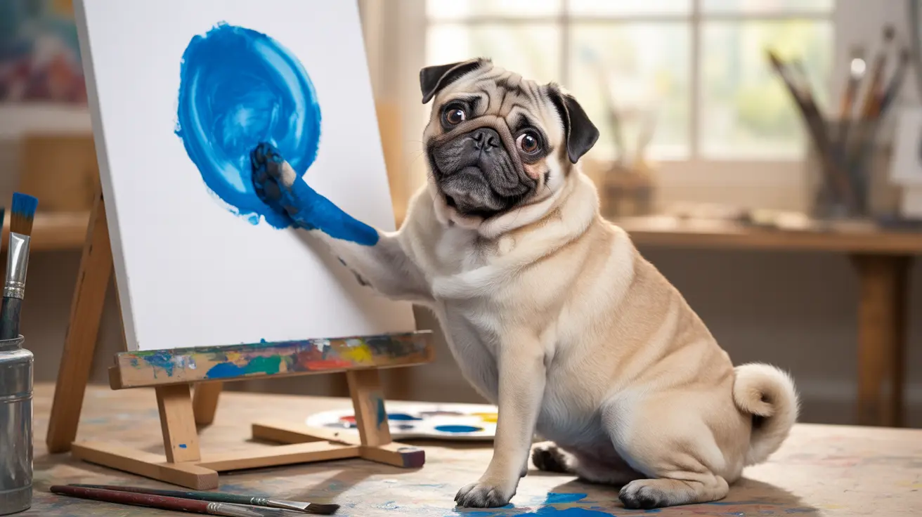 A playful pug dog creating a blue circular painting on a canvas