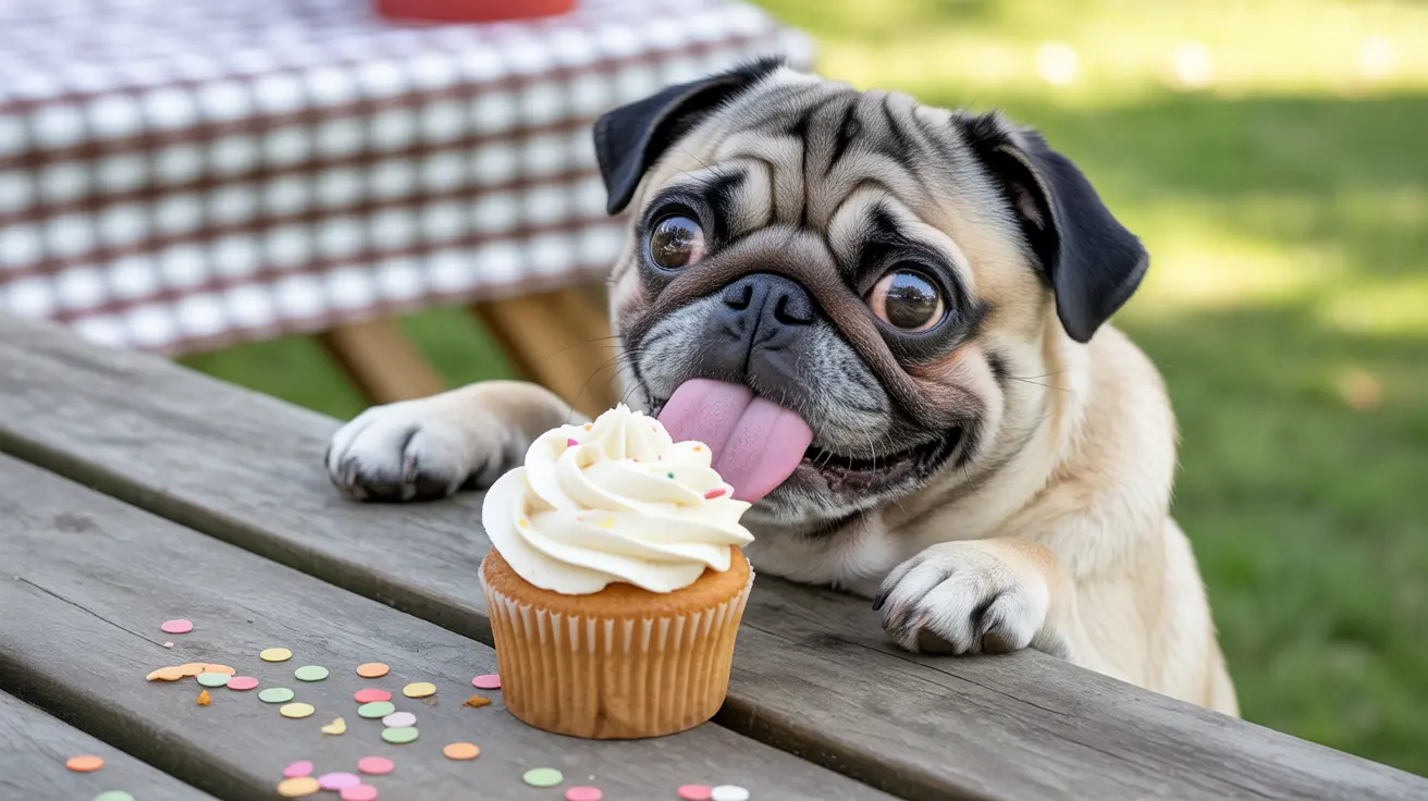 Playful pug sticking out its tongue next to a cupcake with colorful sprinkles on a wooden picnic table