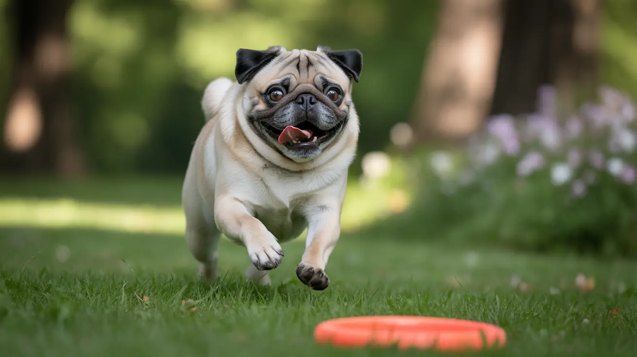 A playful pug mid-jump running towards a bright orange frisbee on a grassy lawn