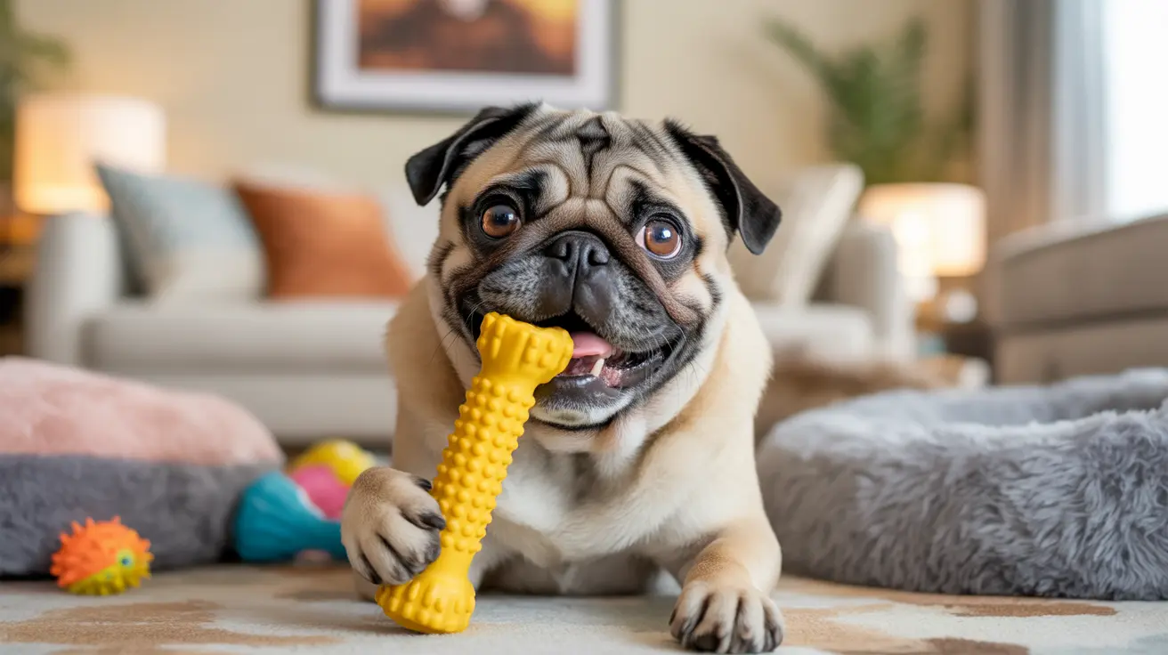 Playful pug chewing on a yellow textured bone-shaped chew toy