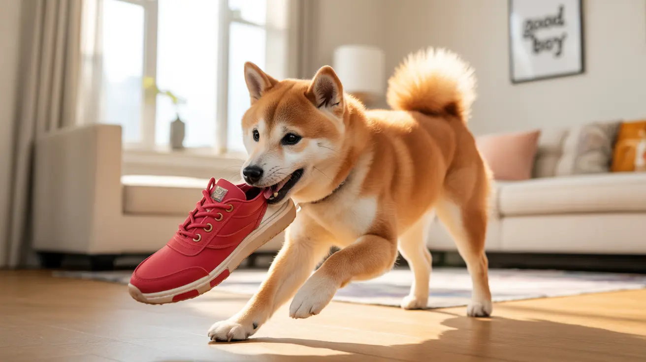 Playful Shiba Inu carrying a red sneaker in its mouth in a modern living room