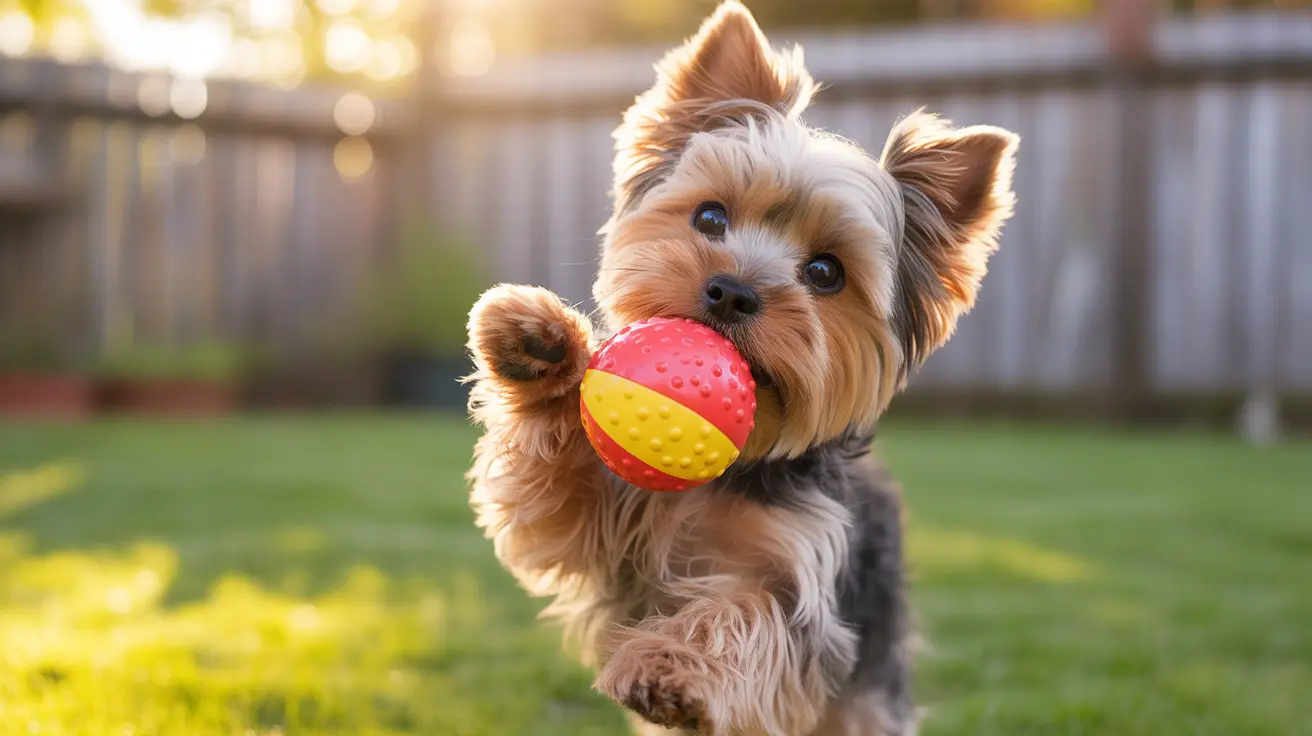 A playful Yorkshire Terrier holding a red and yellow textured ball in its mouth standing in a sunny backyard