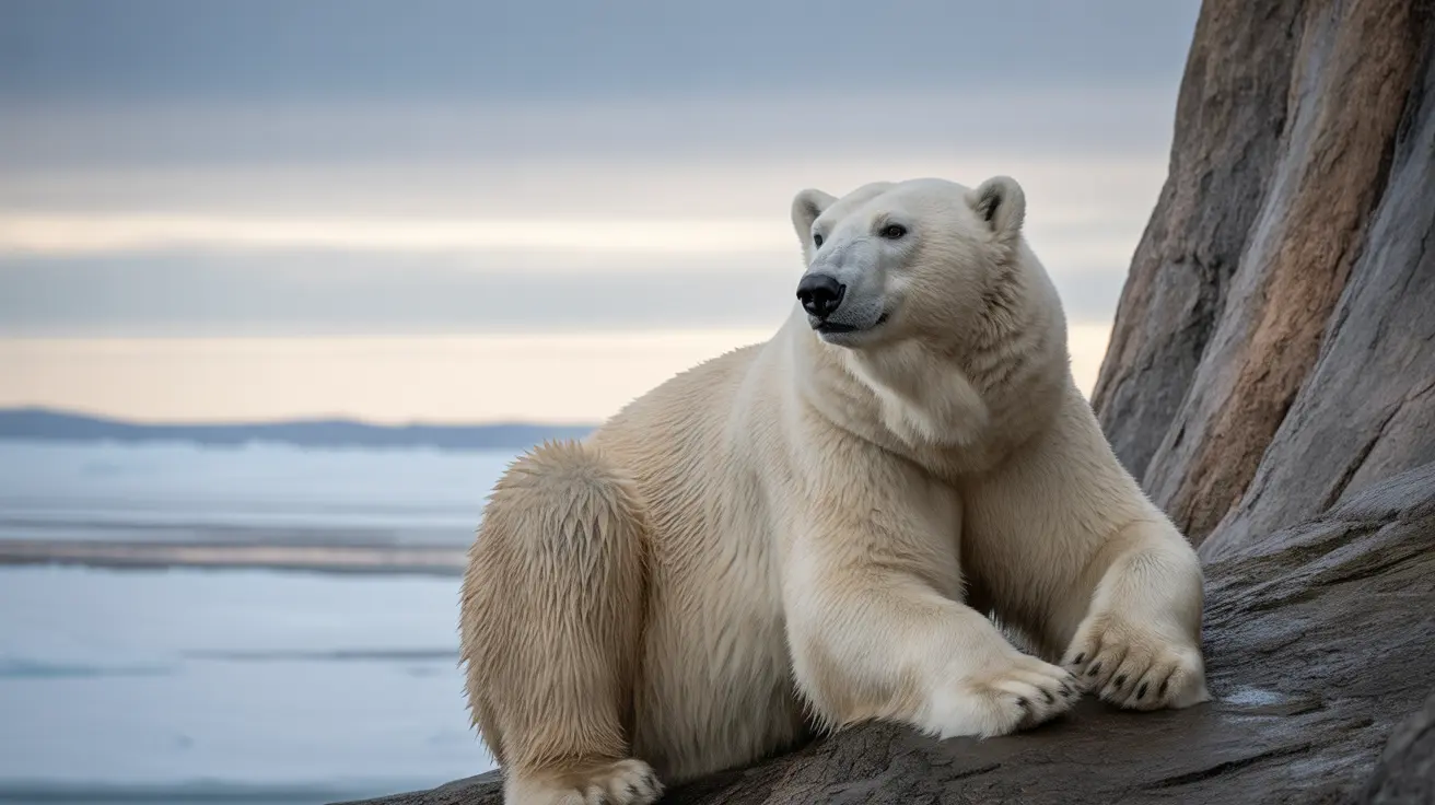 Um urso polar descansando em um tronco à deriva perto da costa do Ártico durante as horas do crepúsculo