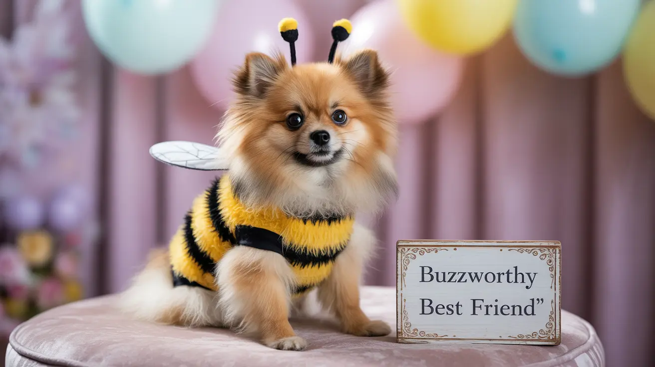 Small Pomeranian dog dressed in a bee costume sitting next to a decorative sign