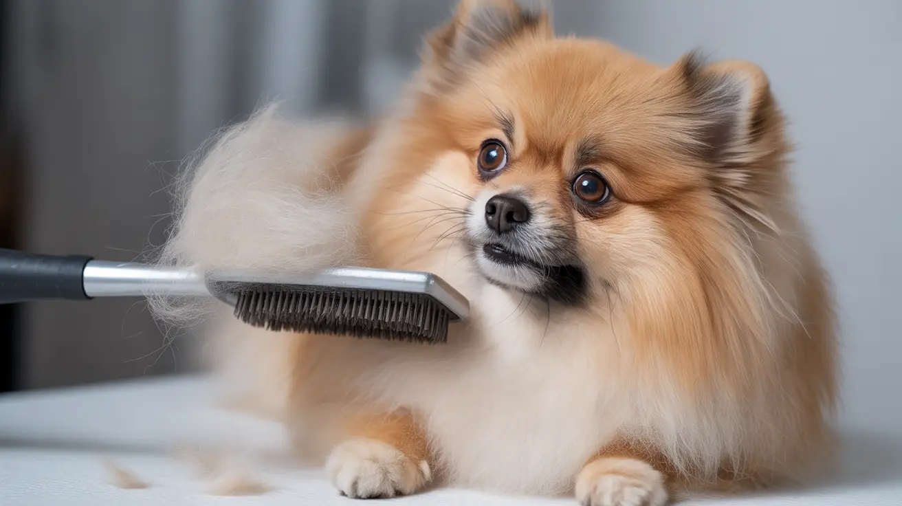 A fluffy Pomeranian being groomed with a large metal brush, sitting calmly on a light surface
