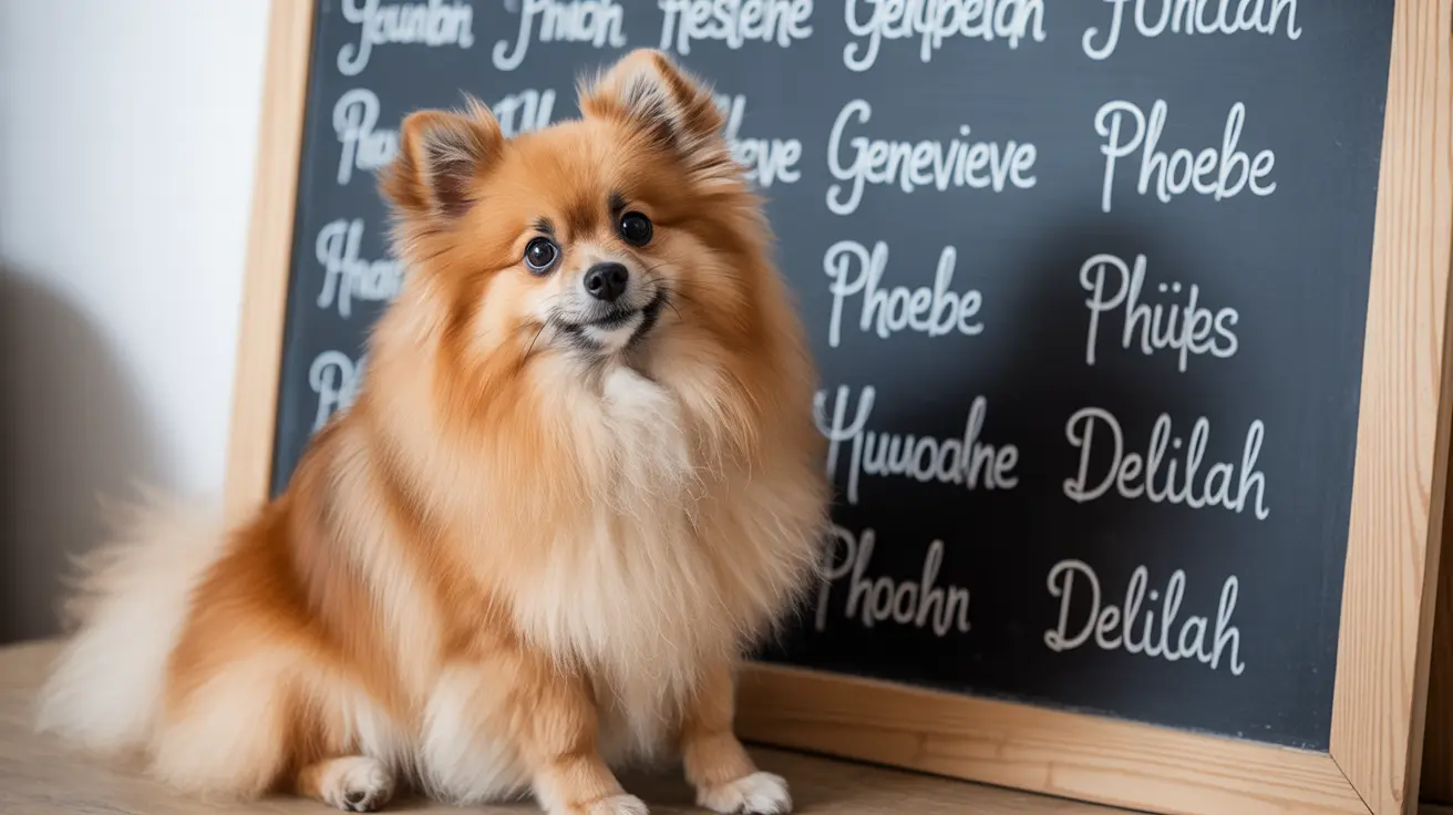 A fluffy orange and white Pomeranian next to a chalkboard with names.