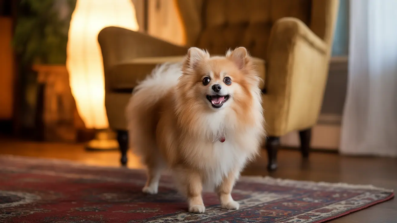 A fluffy cream and white Pomeranian standing happily on a decorative rug in a cozy living room.