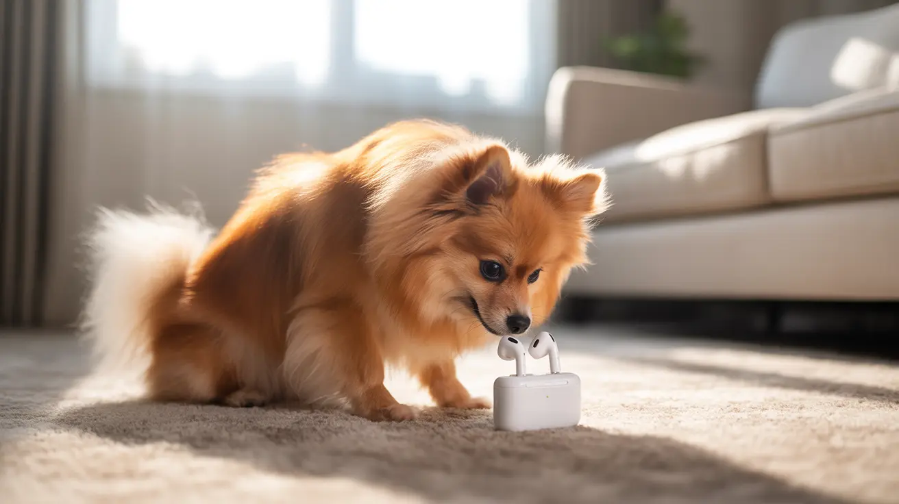 A fluffy orange Pomeranian dog examining a white electronic device on a carpeted floor near a couch.