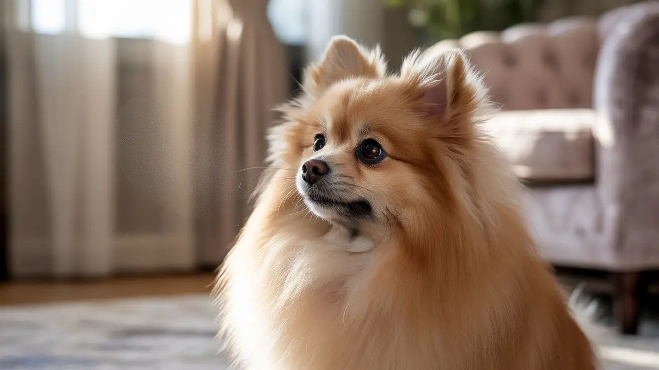 A fluffy Pomeranian dog sitting alertly in a soft-lit indoor living room.