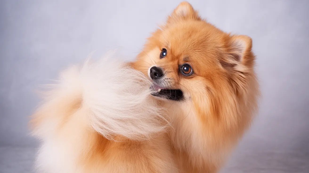 A fluffy Pomeranian dog with a luxurious orange and white coat, looking alert and slightly to the side.