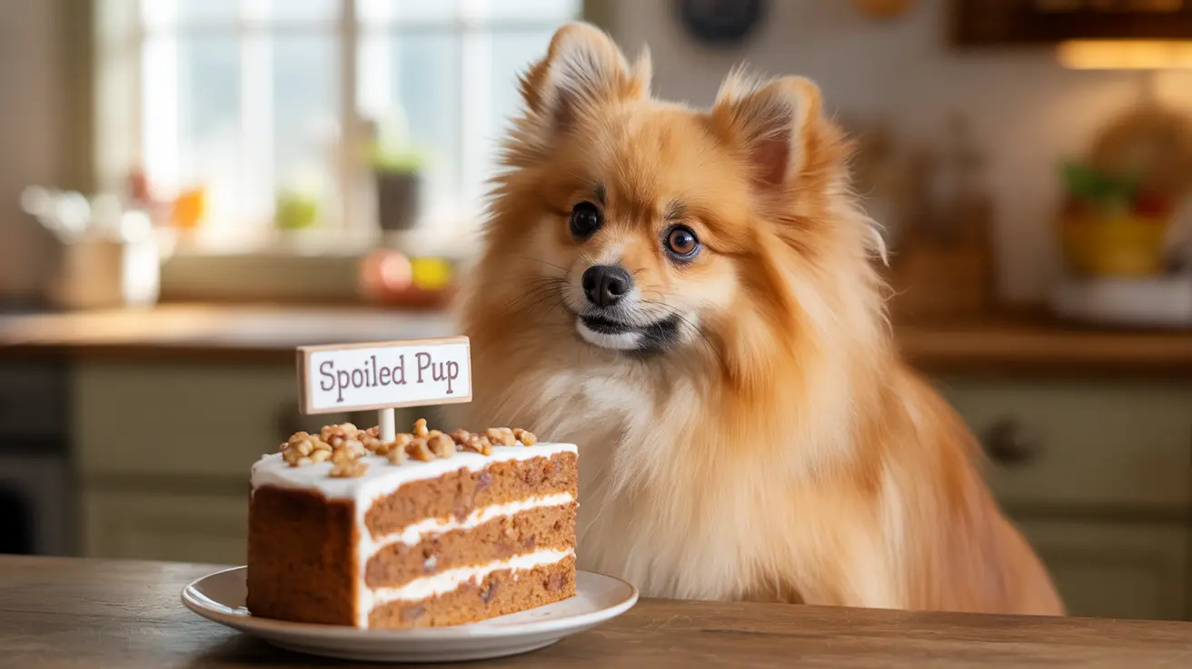 A fluffy Pomeranian dog sitting next to a cake with a 'Spoiled Pup' sign