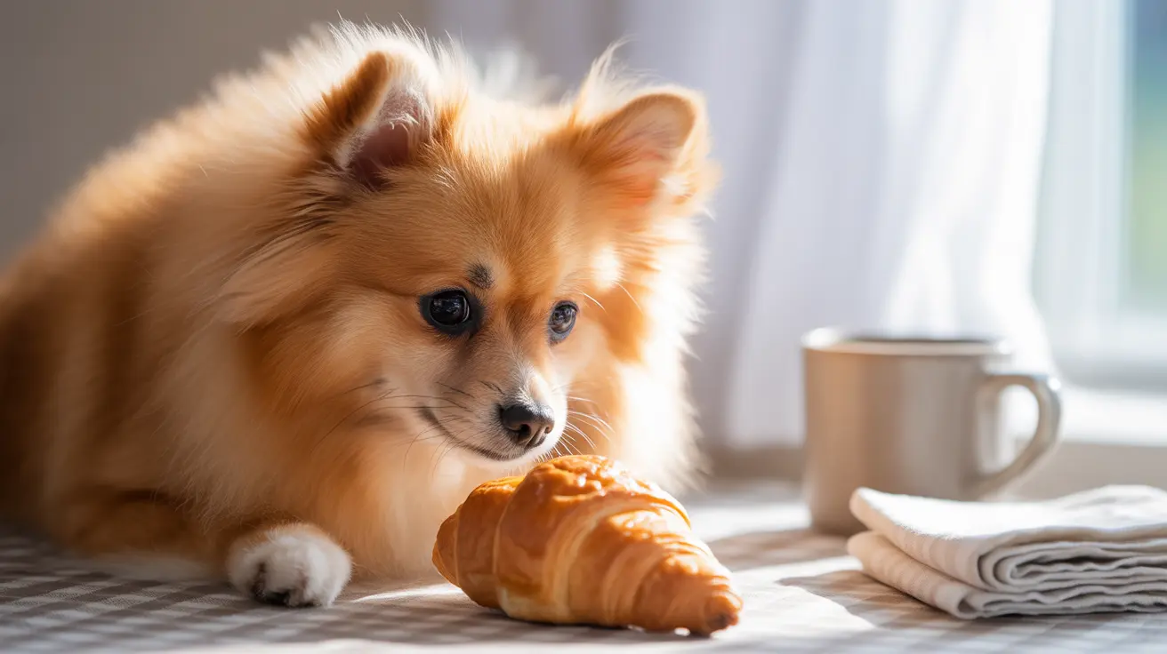 A fluffy Pomeranian dog sitting next to a croissant near a coffee mug by a window