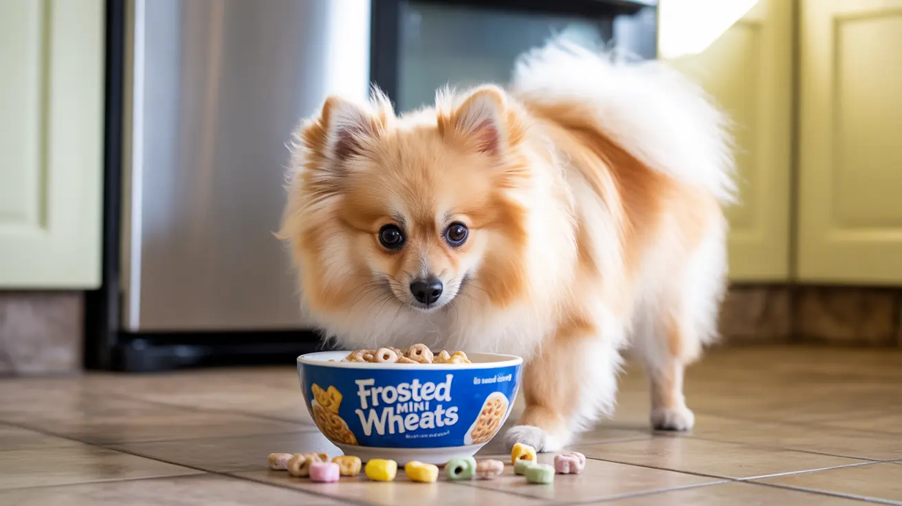 Un Pomeranian crème et blanc au pelage duveteux debout près d’un bol de céréales Frosted Mini Wheats.