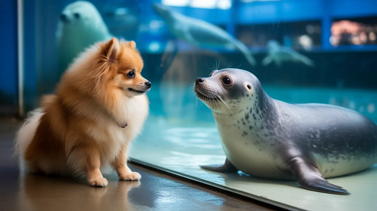 A fluffy Pomeranian dog sitting next to a harbor seal in an aquarium setting