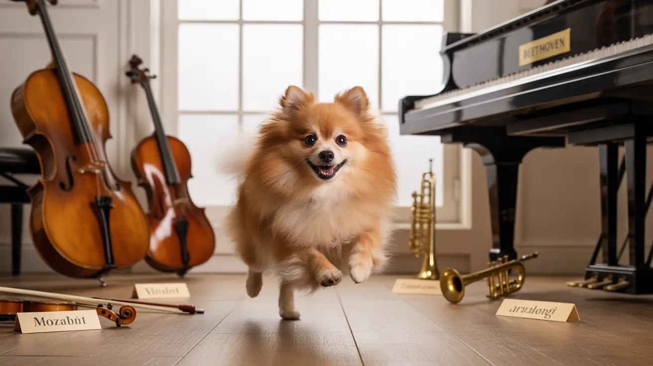 A fluffy Pomeranian dog leaping playfully in a music room with classical instruments