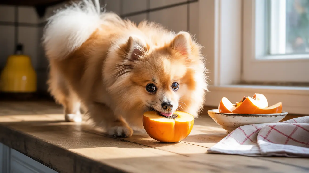 A fluffy Pomeranian dog curiously nibbling on a ripe orange on a kitchen countertop.