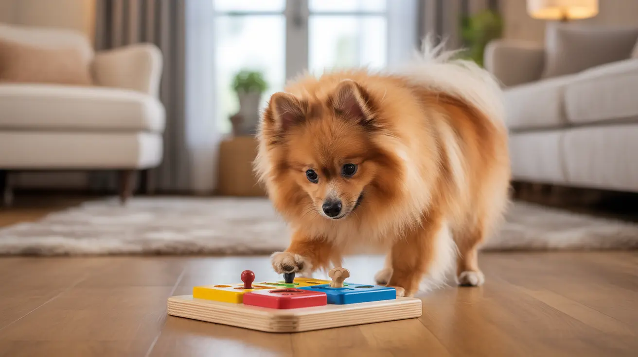 Un perro Pomerania esponjoso juega con un colorido juguete de rompecabezas de madera en el suelo de una sala de estar.