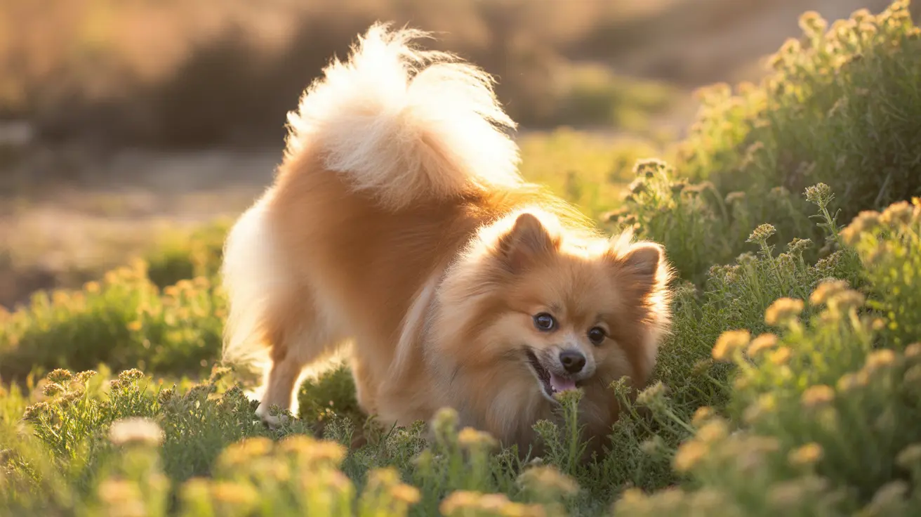 A fluffy Pomeranian dog standing in a sunlit field of green plants and yellow wildflowers.