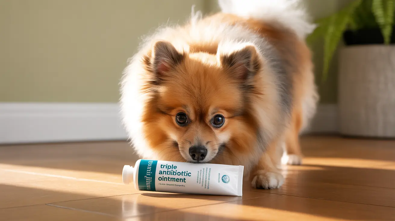 A fluffy Pomeranian dog sitting next to a tube of triple antibiotic ointment on a wooden floor with soft natural lighting