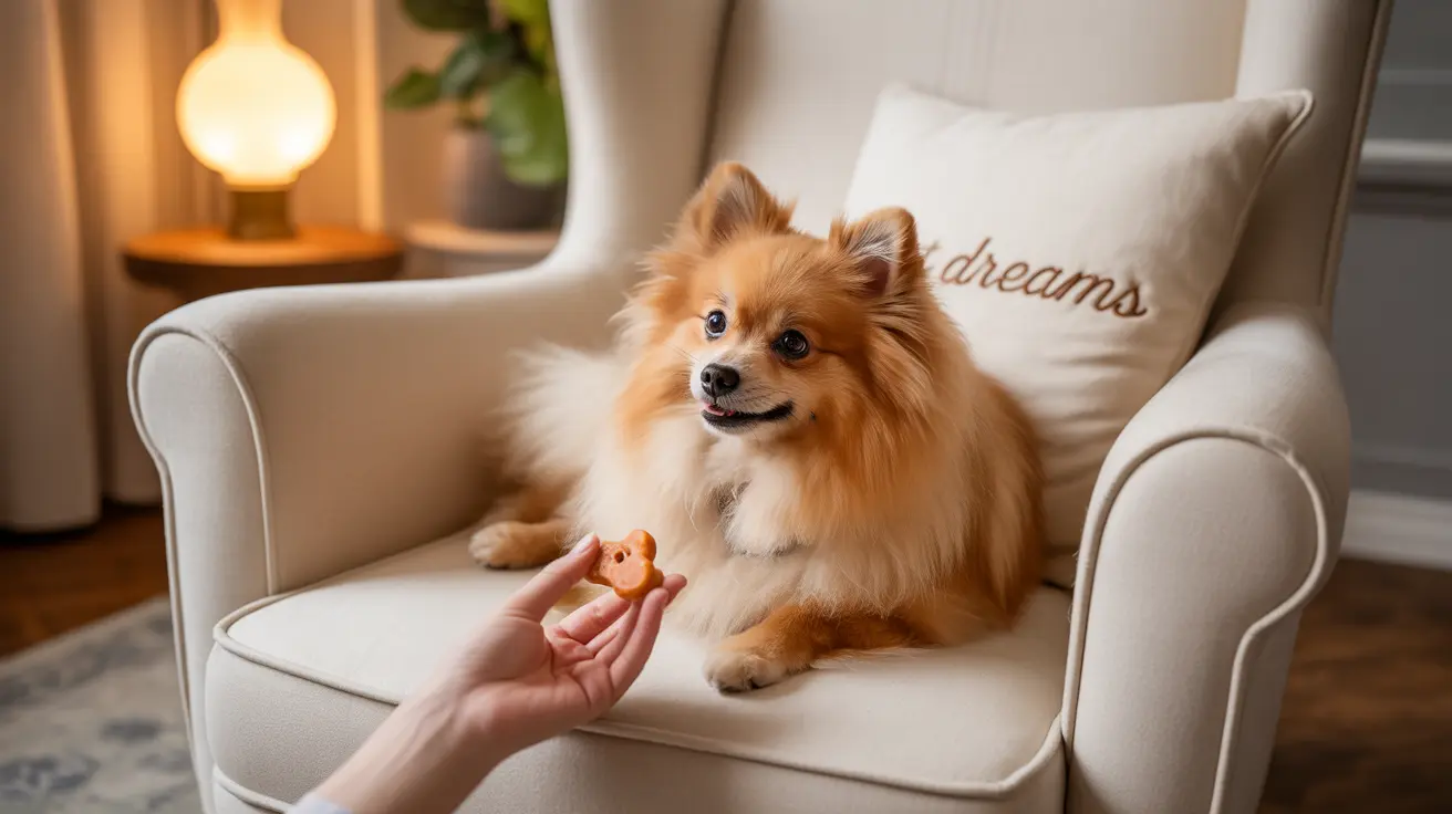 A fluffy Pomeranian dog sitting comfortably on a white armchair while a hand offers it a treat