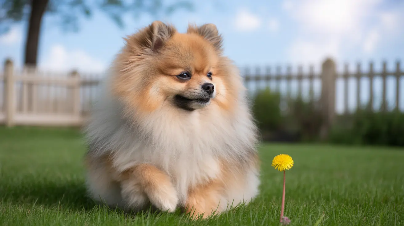 A fluffy Pomeranian sitting in a grassy lawn with a yellow dandelion nearby