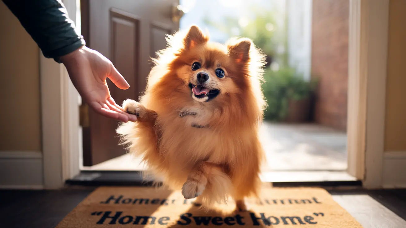 A fluffy orange Pomeranian giving its paw to a person's hand near a doorway