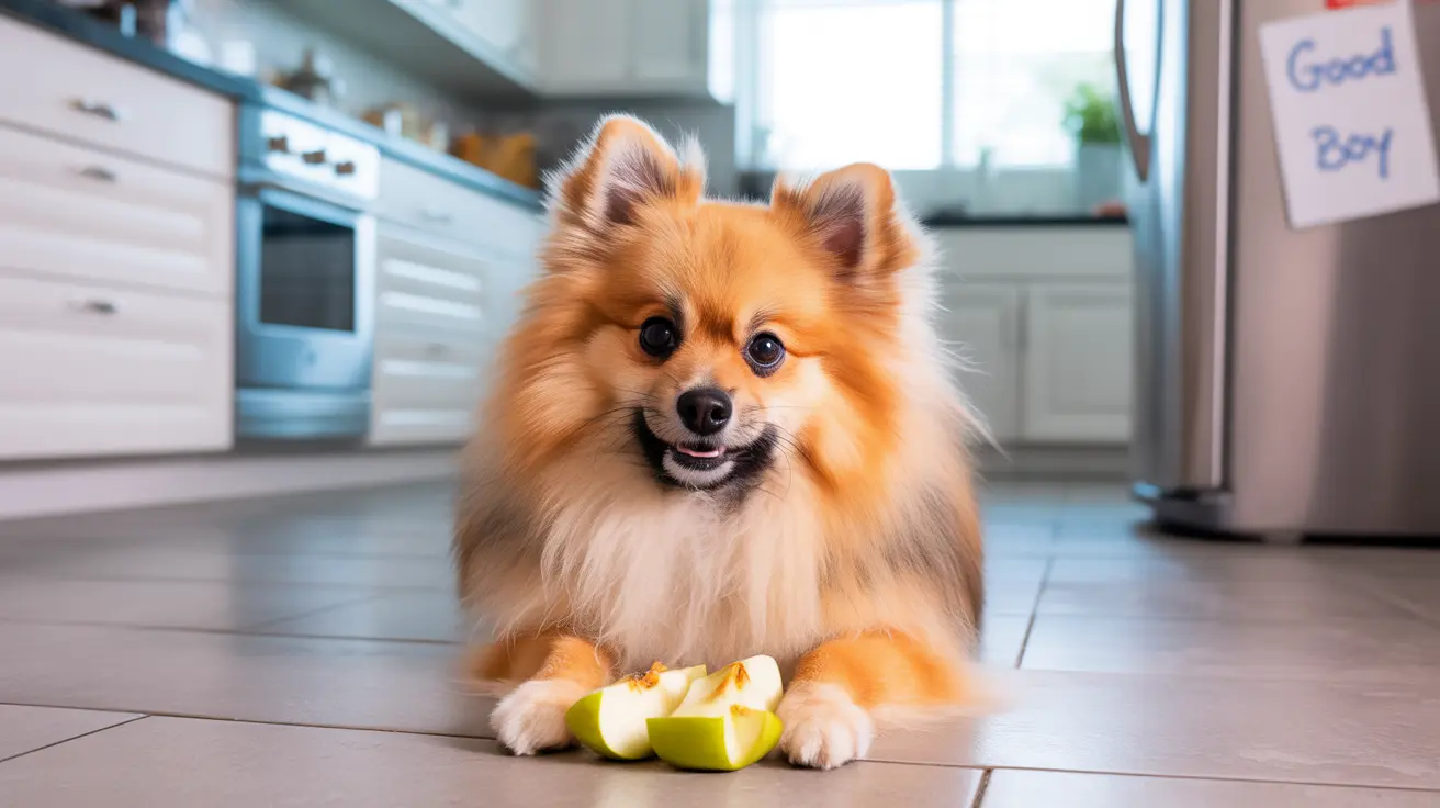 A fluffy orange and white Pomeranian with sliced green apples in front, looking cheerful