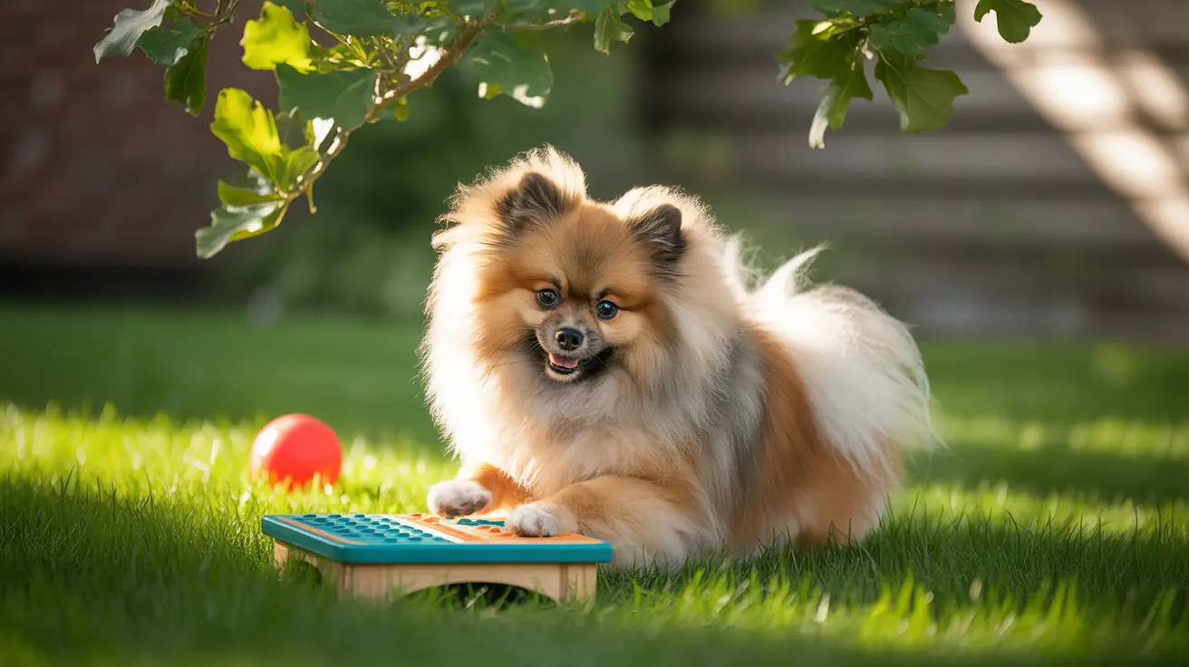 A fluffy Pomeranian sitting on grass next to a blue board and a red ball, looking happy and playful