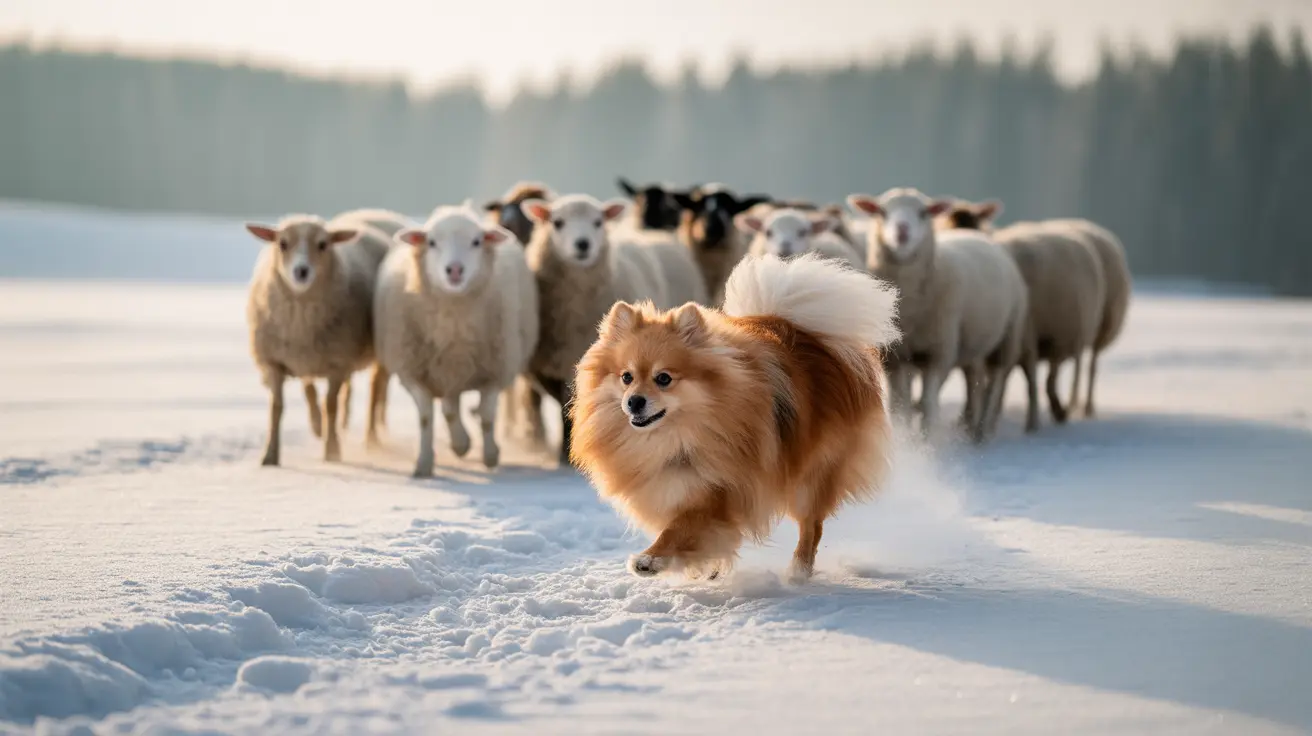 A fluffy Pomeranian dog herding a flock of sheep in a snowy winter landscape