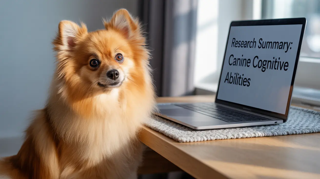 A fluffy orange and white Pomeranian next to a laptop showing a research summary on canine cognitive abilities