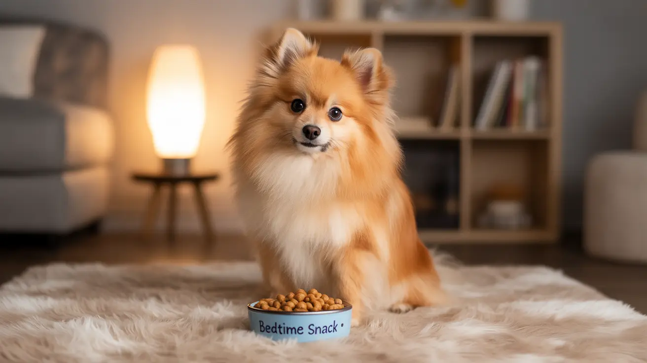 A fluffy orange and white Pomeranian on a soft fur rug beside a kibble bowl, warm lamp, and bookshelf in background.