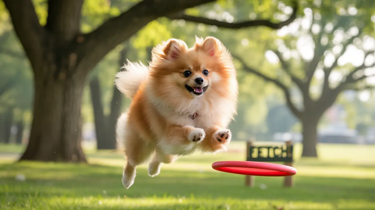 A fluffy Pomeranian mid-leap while playing with a red frisbee in a sunlit park