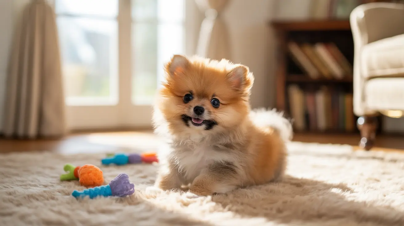 Un cachorro Pomerania esponjoso sentado en una alfombra suave con juguetes coloridos cerca.