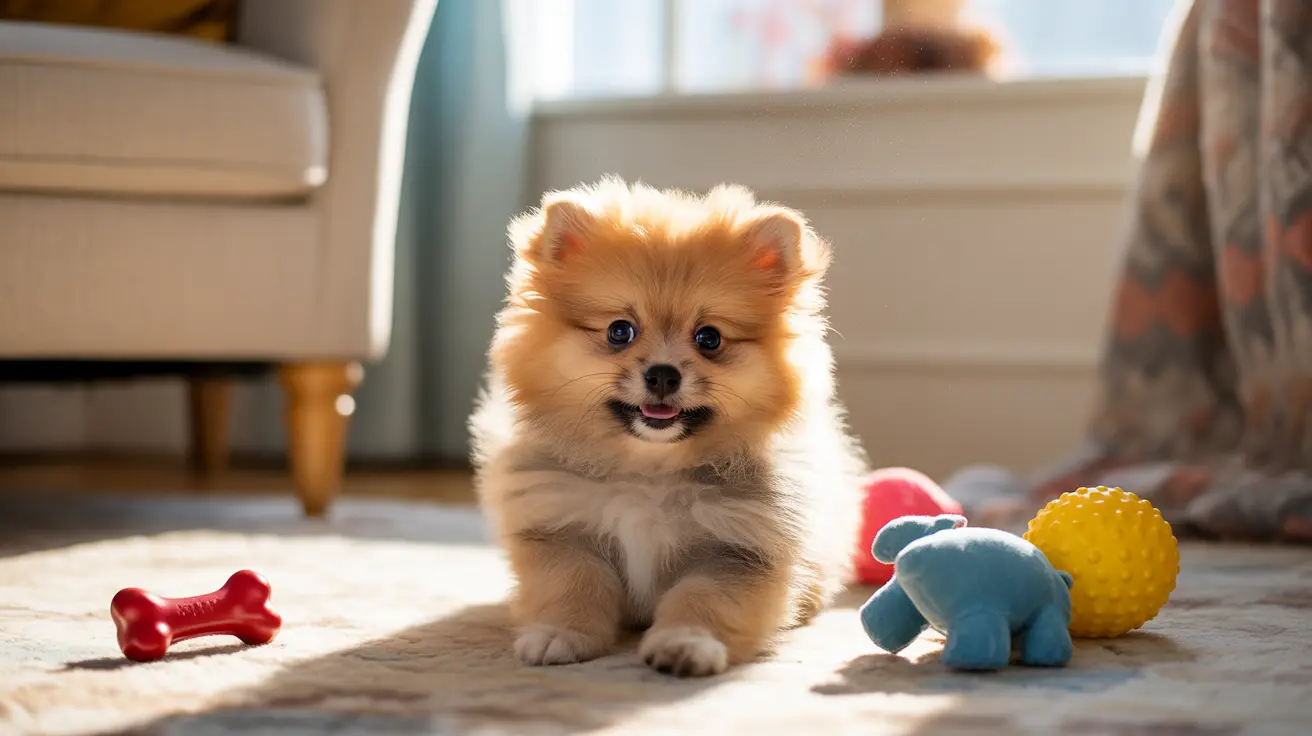 A fluffy Pomeranian puppy on a carpet with colorful toys, looking happy