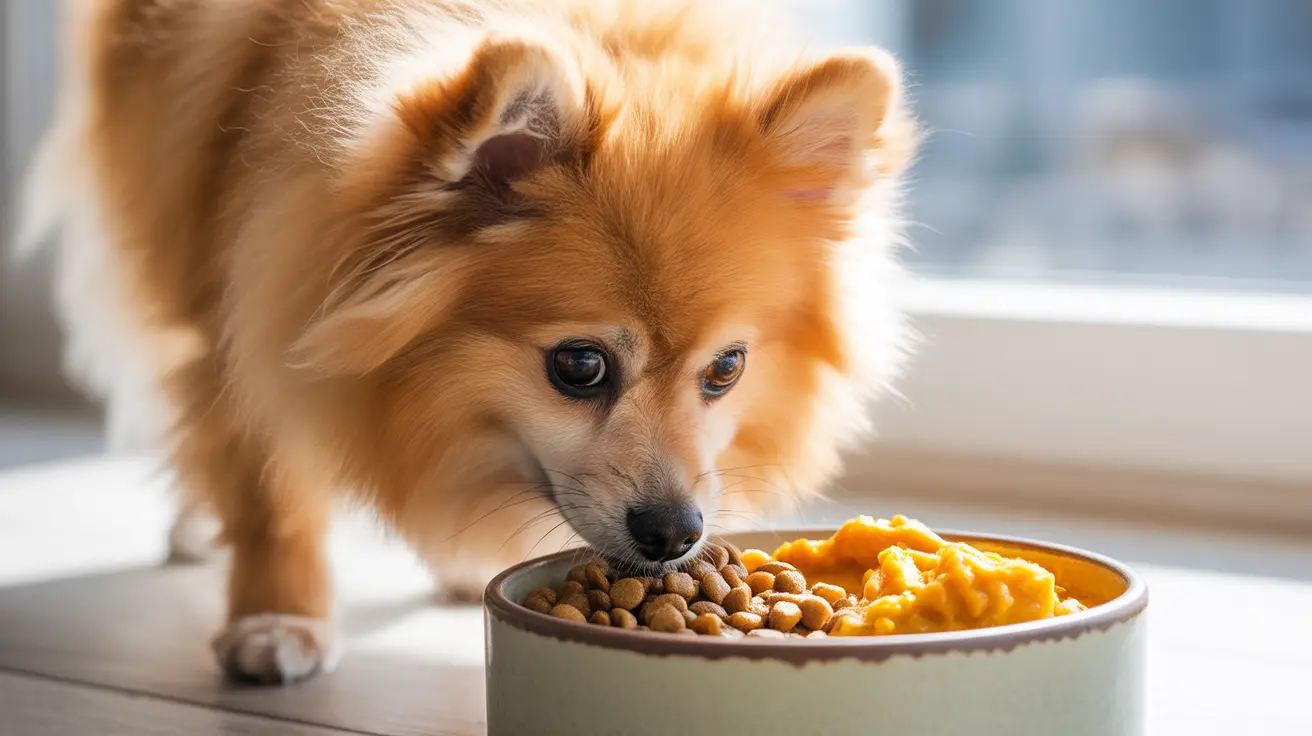 A fluffy Pomeranian dog eating from a bowl of kibble with mashed yellow food