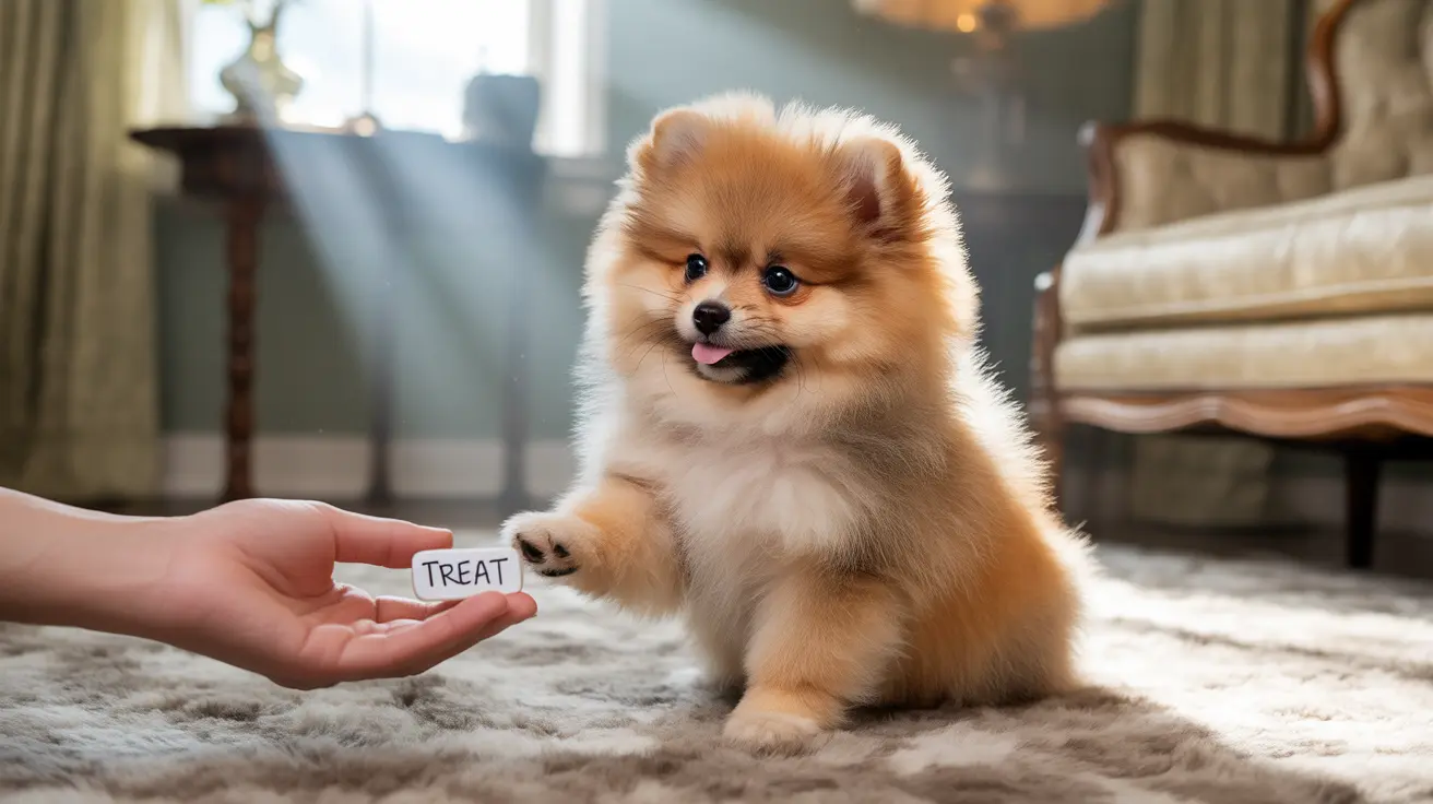 A fluffy Pomeranian puppy giving its paw to receive a treat from a human hand.