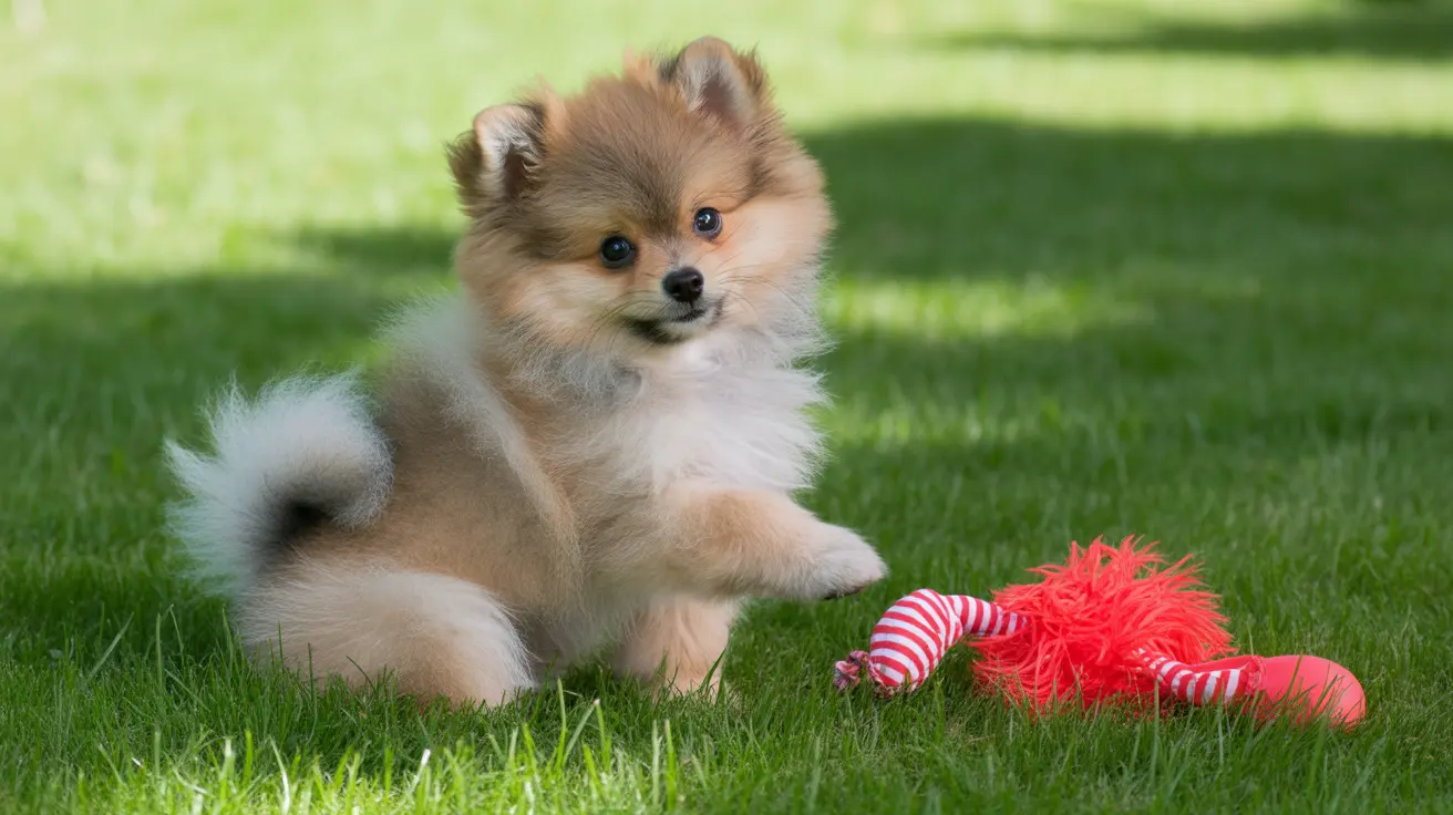 Un cachorro Pomerano esponjoso sentado en un césped verde y exuberante junto a un juguete rayado rojo y blanco brillante.