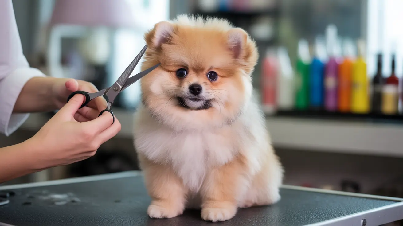 A fluffy Pomeranian puppy sitting on a grooming table during a haircut