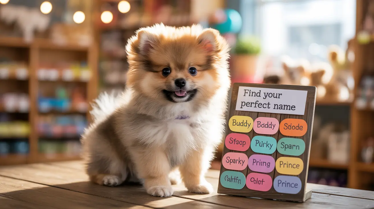 A fluffy Pomeranian puppy sitting next to a name selection board in a retail environment