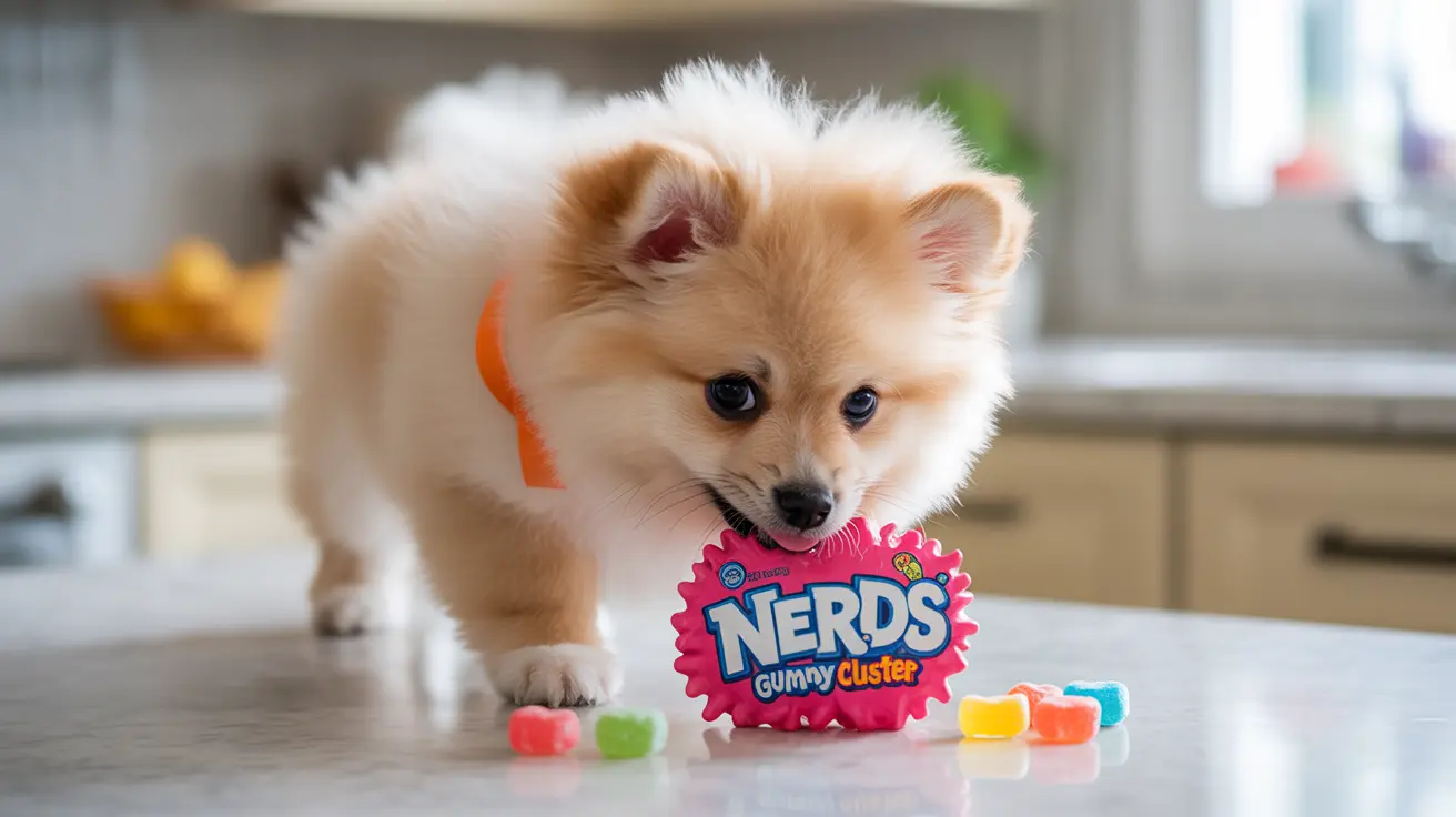 A fluffy white and cream Pomeranian puppy exploring a Nerds Gummy Cluster candy package
