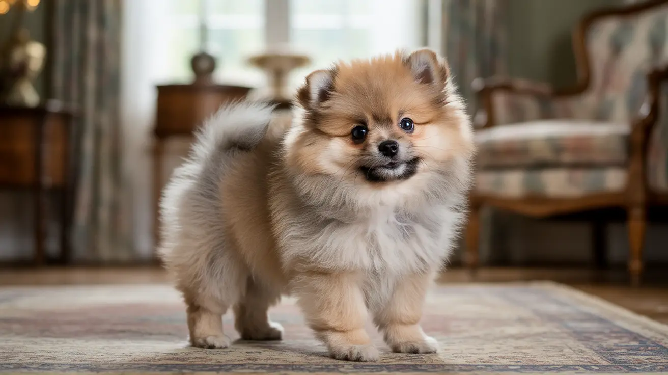 ふわふわのポメラニアンの子犬が、クラシックで上品に調度された室内の華やかなカーペットの上に自信たっぷりに立っている様子