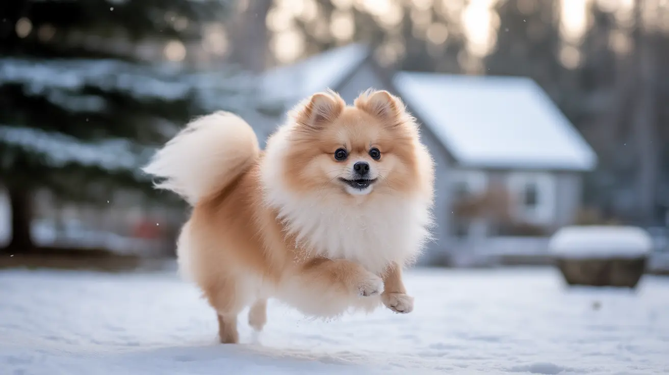 Fluffy Pomeranian dog running playfully through snow with a happy expression