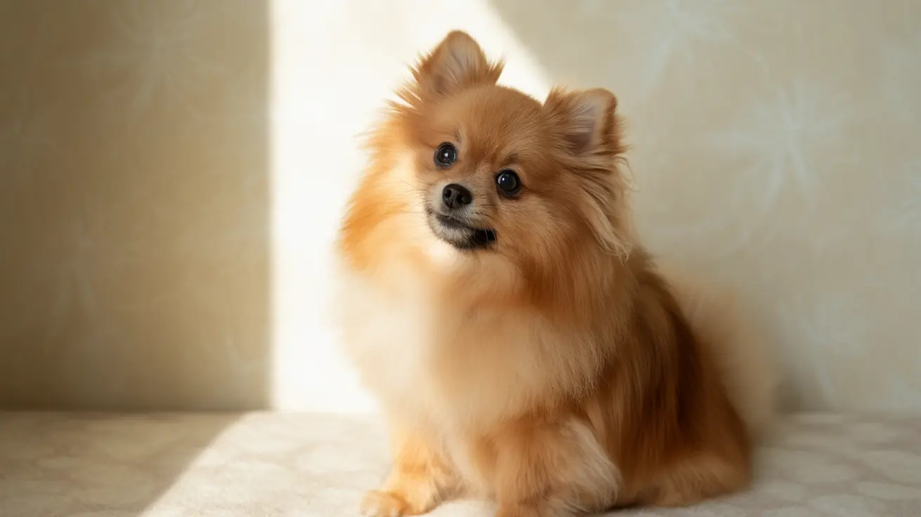 A fluffy golden-orange Pomeranian sitting alertly on a light-colored surface with soft natural lighting.