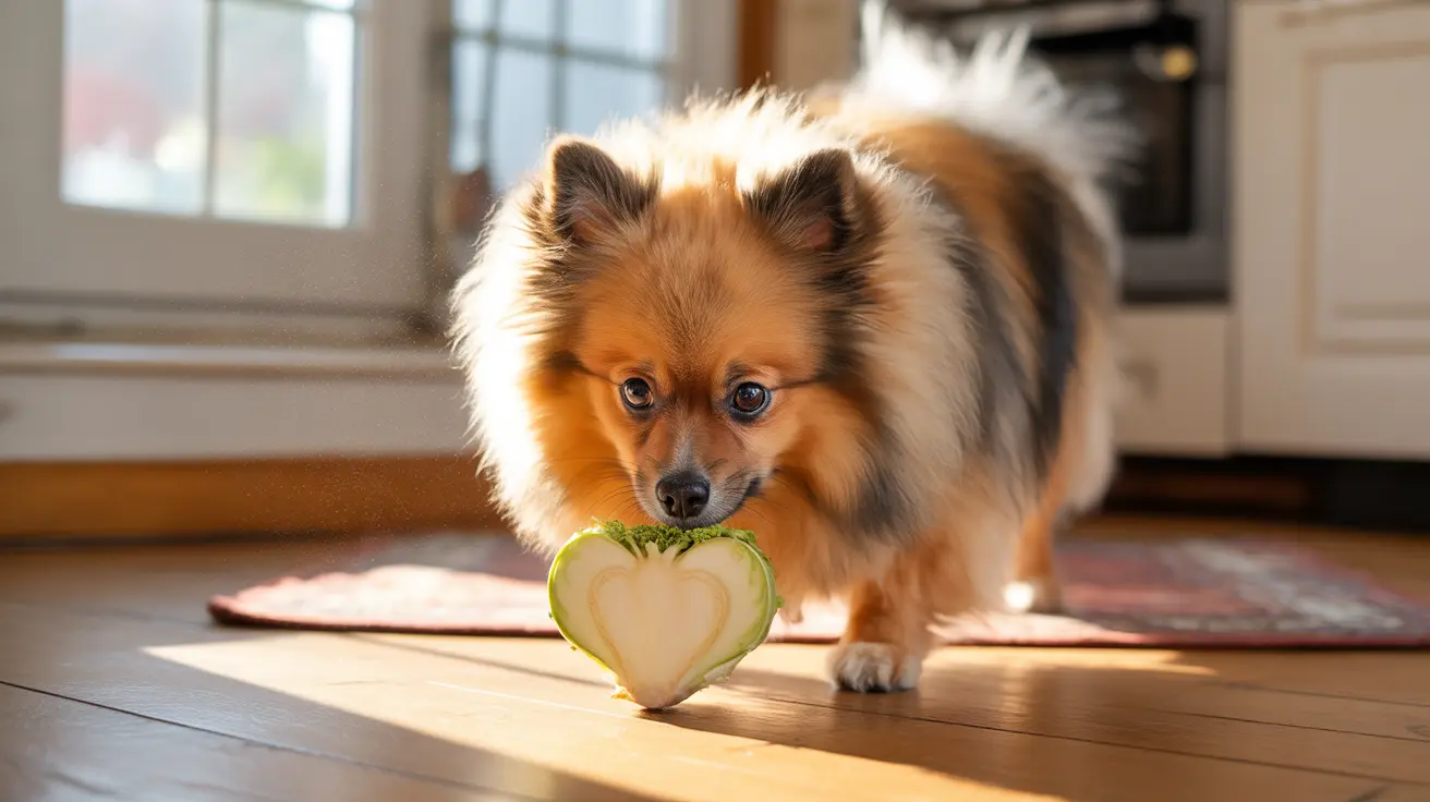 A fluffy Pomeranian dog nibbling on a heart-shaped piece of vegetable in a sunlit kitchen