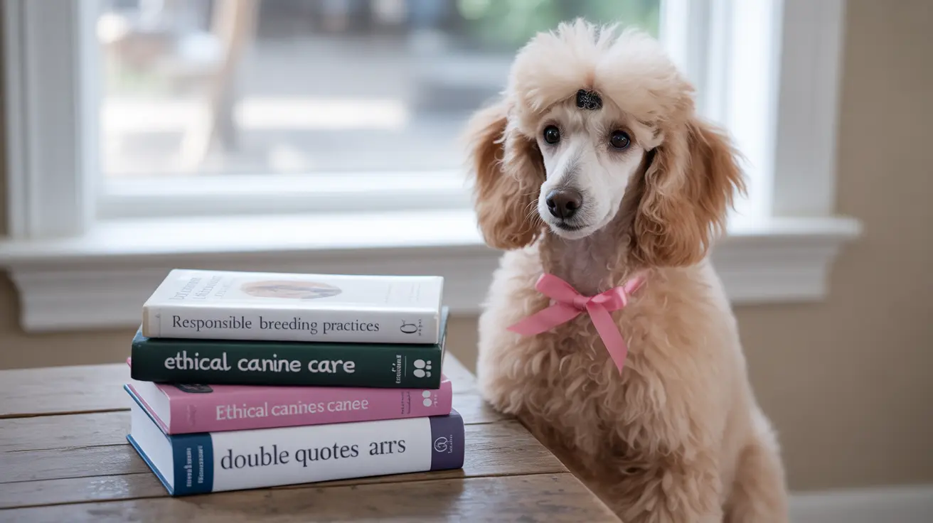 A well-groomed poodle sitting next to a stack of books near a window