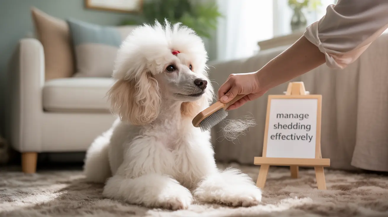 White fluffy Poodle being groomed with a brush in a cozy living room