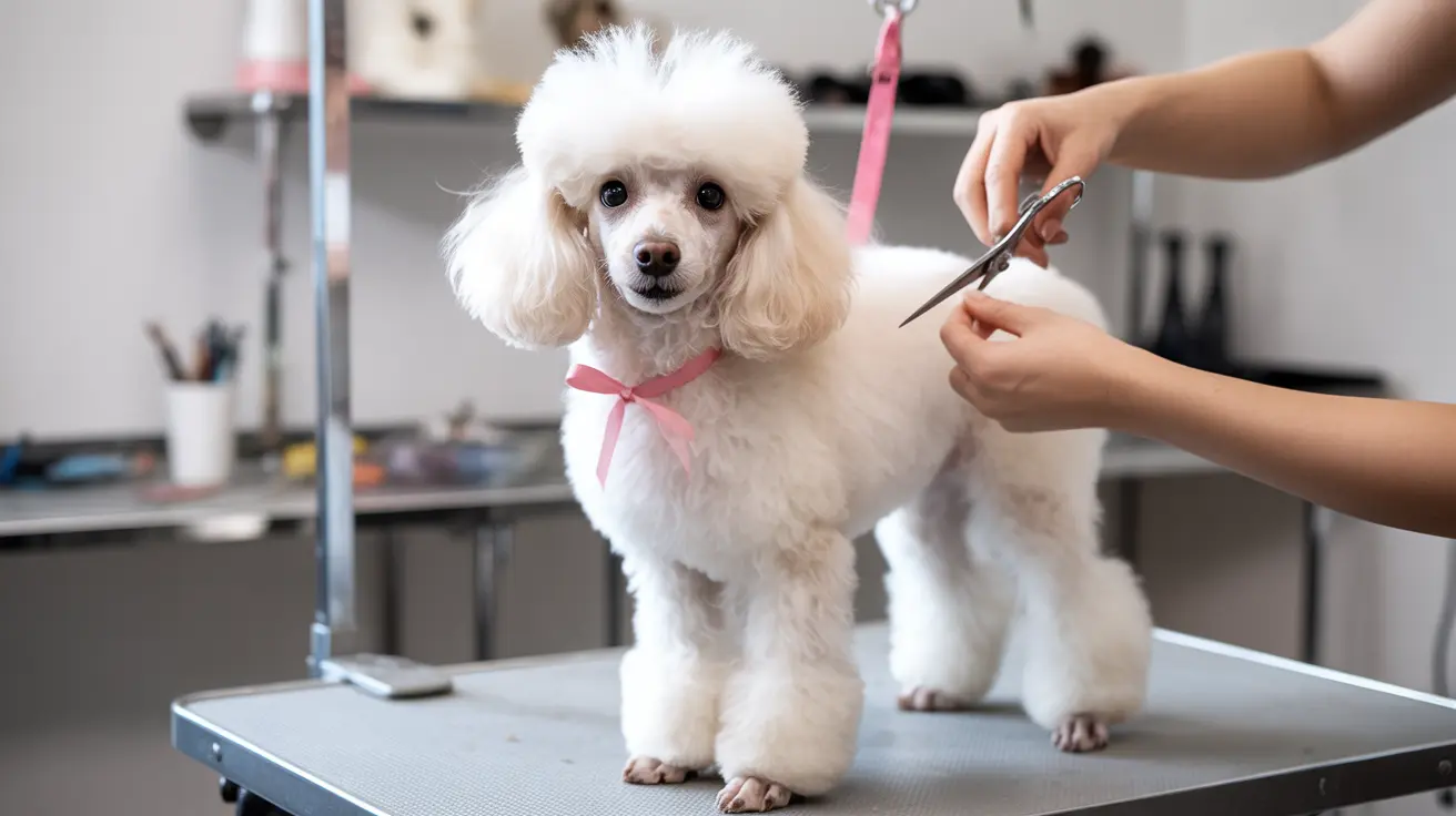 A white Poodle receiving grooming at a professional pet salon