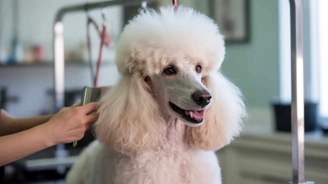 White Poodle being groomed with a brush in a professional salon