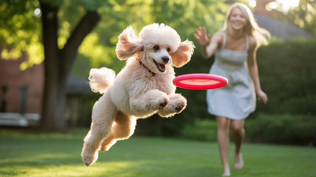 A fluffy white Poodle leaping mid-air to catch a red frisbee in a sunlit garden